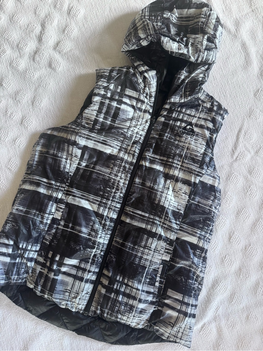 GERRY Womens S Black Plaid Duck Down Puffer Vest Reversible Hooded Full Zip